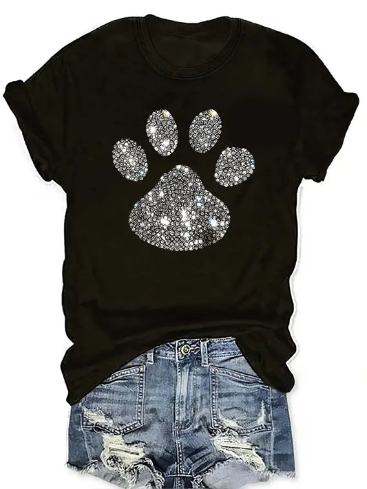 Ladies Size L Diamond Paw Print Crew Neck Short Sleeve Black T-Shirt for Women