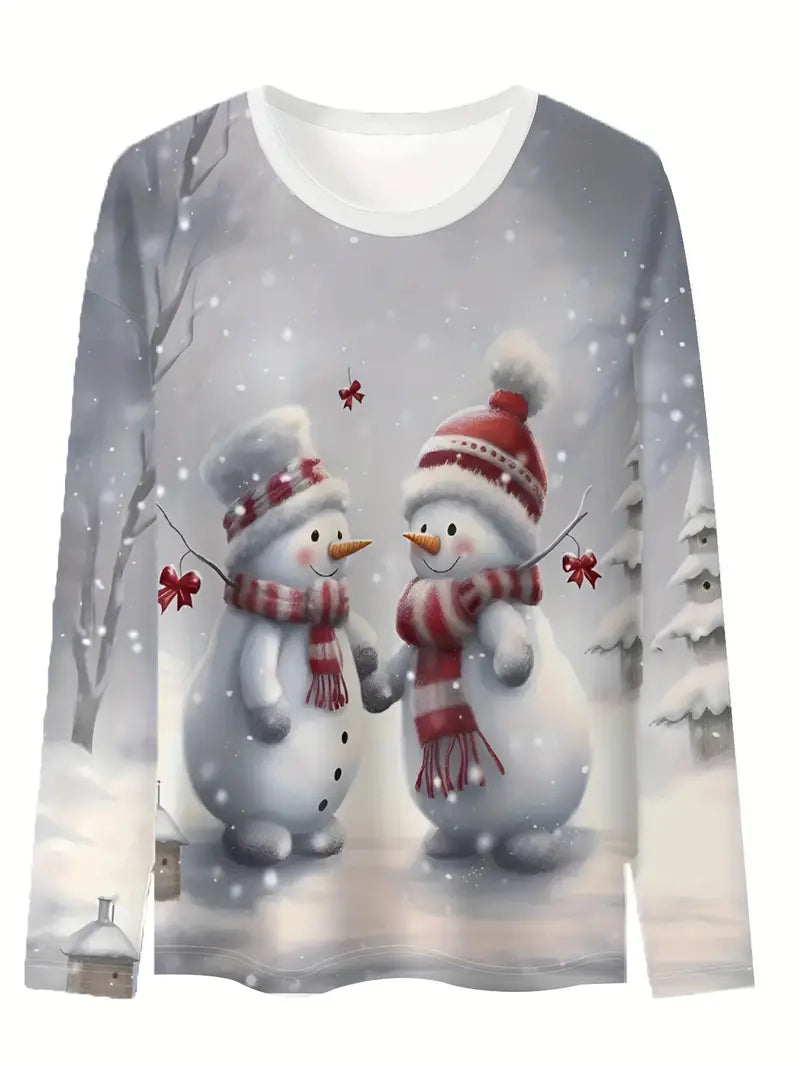 Ladies Plus Size 1 XL Women's Snowman Couple Print Crew Neck Long Sleeve T-Shirt