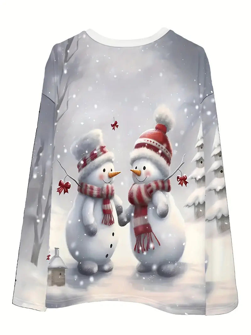 Ladies Plus Size 1 XL Women's Snowman Couple Print Crew Neck Long Sleeve T-Shirt