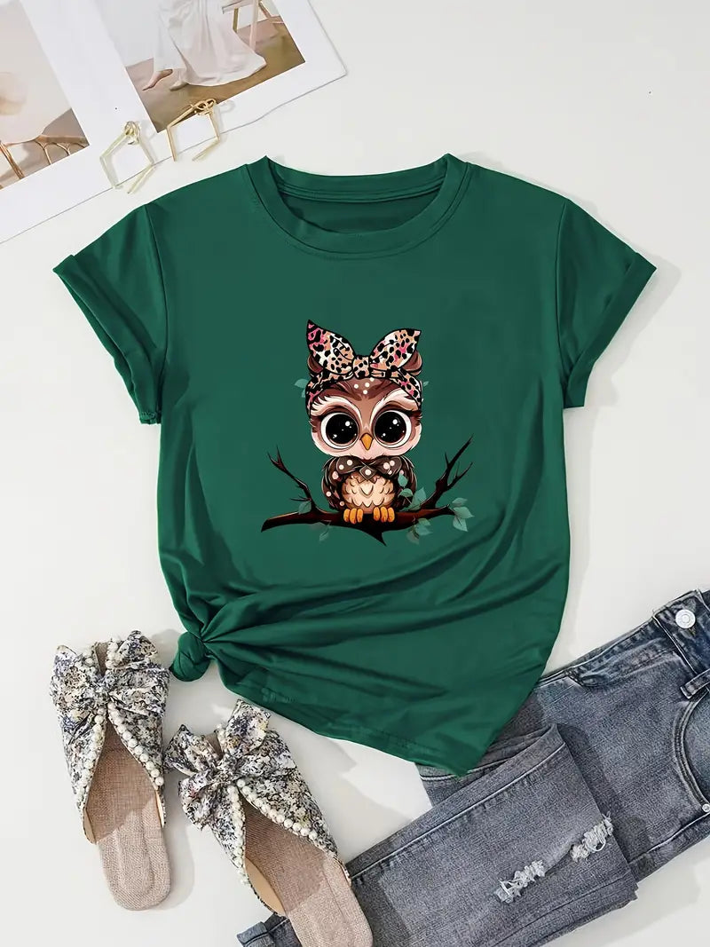 Forest Green Cartoon Owl Print Crew Neck T-shirt Short Sleeve Casual Top Women's Size Medium