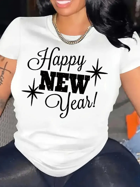 Ladies Happy New Year White and Black T-shirt Size XL