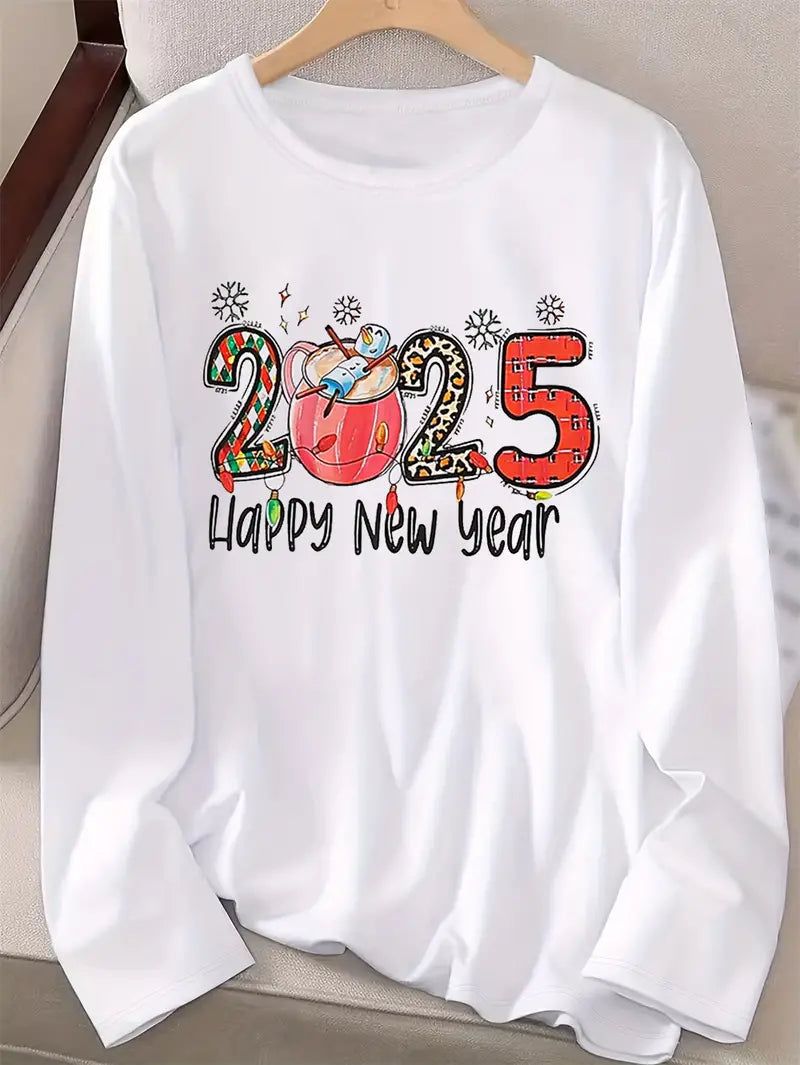 Ladies Happy New Year White 2025 Happy New Year Cartoon Print Polyester Long Sleeve T-Shirt, Women's Crew Neck Top Size Medium