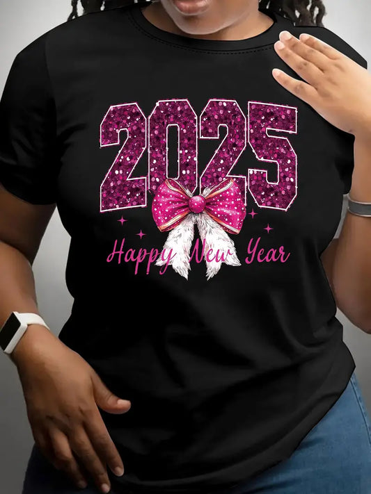 Happy New Year Hot Pink Graphic T-shirt- Soft Polyester, Crew Neck, Short Sleeve Size Medium