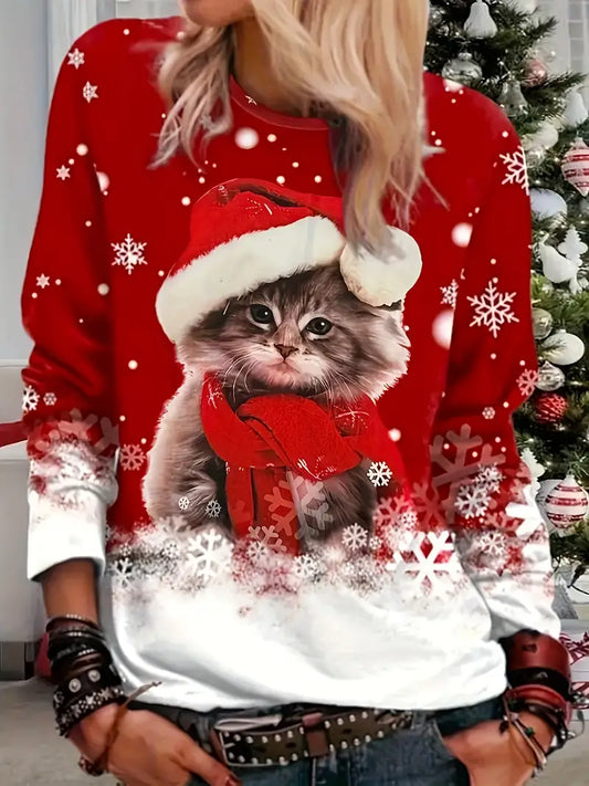 Christmas Kitten Long Sleeve Holiday T-shirt Ladies