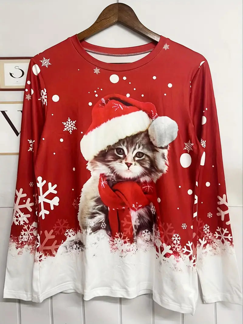 Christmas Kitten Long Sleeve Holiday T-shirt Ladies