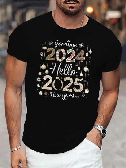 Men's Size Large Polyester "Goodbye 2024 Hello 2025" Print T-Shirt, Regular Fit, Round Neck, Casual Short Sleeve Black