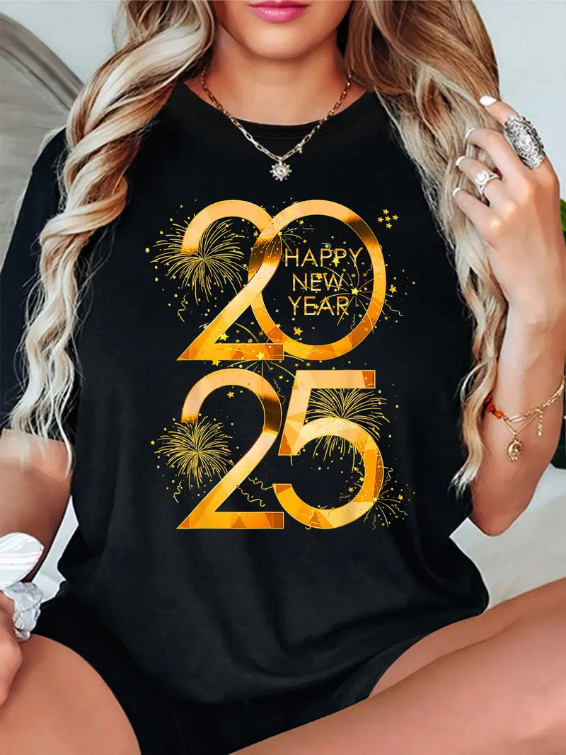 Happy New Year 2025 Firework Print T-Shirt, Medium Stretch, Women's Casual Crew Neck Short Sleeve Top