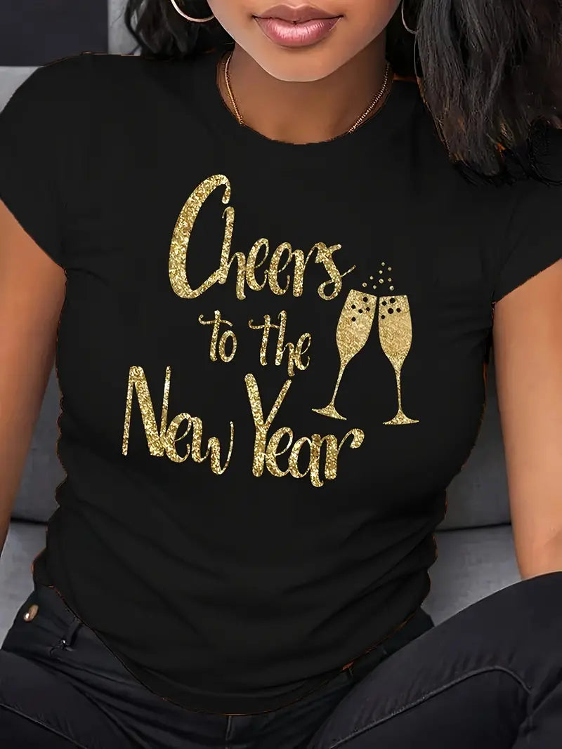 Happy New Year Cheers Graphic T-shirt- Soft Polyester, Crew Neck, Short Sleeve Size Medium