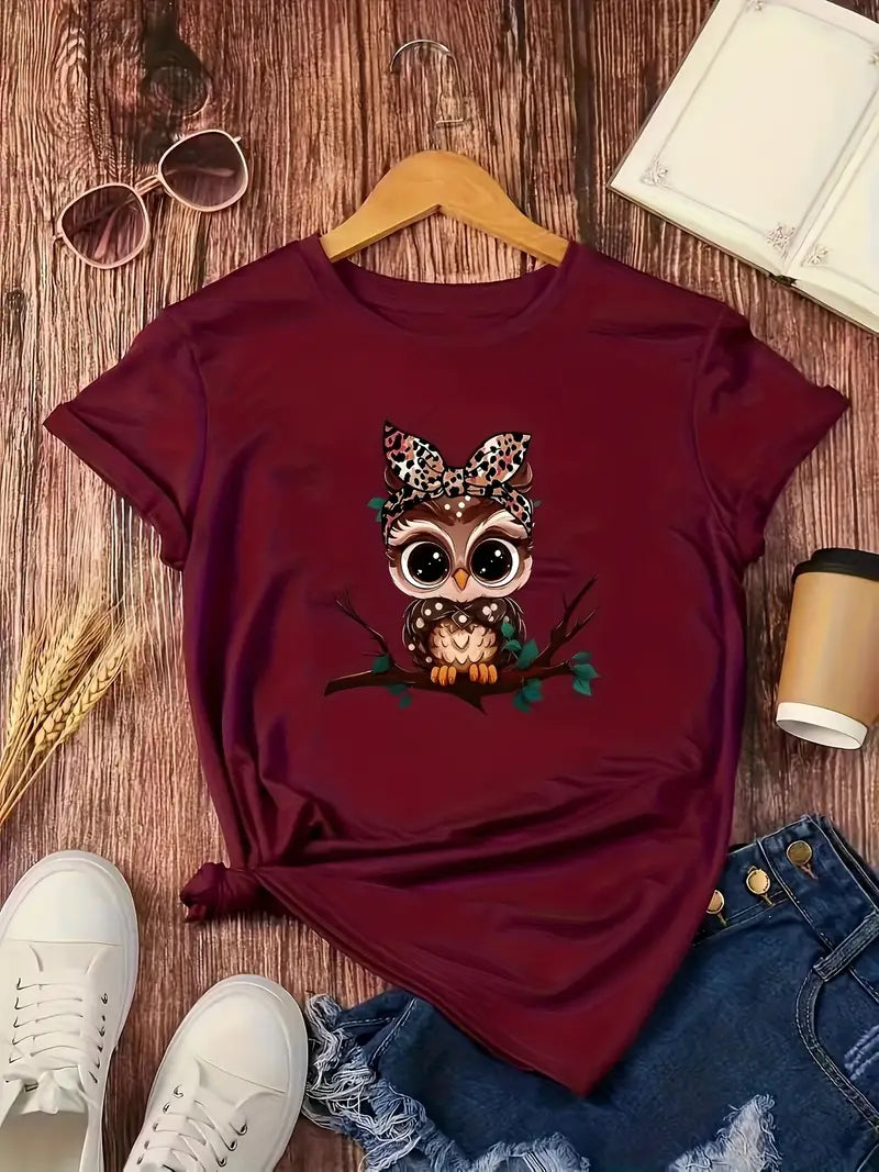 Burgundy Red Cartoon Owl Print Crew Neck T-shirt Short Sleeve Casual Top Ladies Size Medium