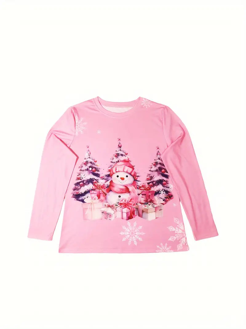 Christmas Snowman Pink Ladies Long Sleeve Size Medium T-shirt