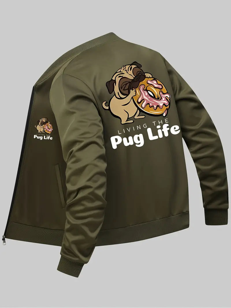 Men's Casual Printed Pug Life Polyester Jacket Size Large Army Green with Zipper