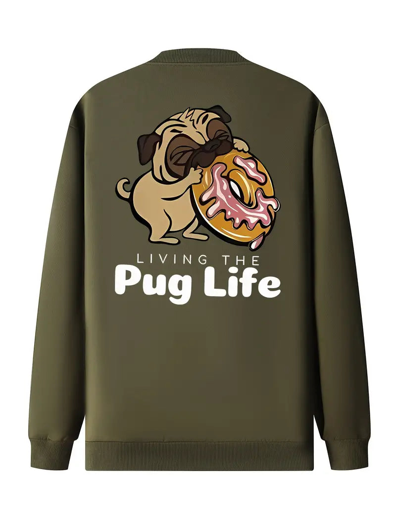 Men's Casual Printed Pug Life Polyester Jacket Size Large Army Green with Zipper