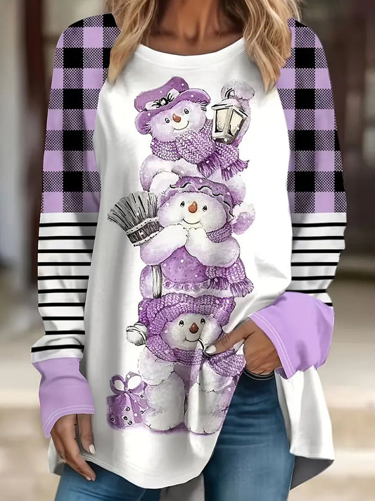 Ladies Plus Size 1 XL Women's Snowman Purple Print Crew Neck Long Sleeve T-Shirt