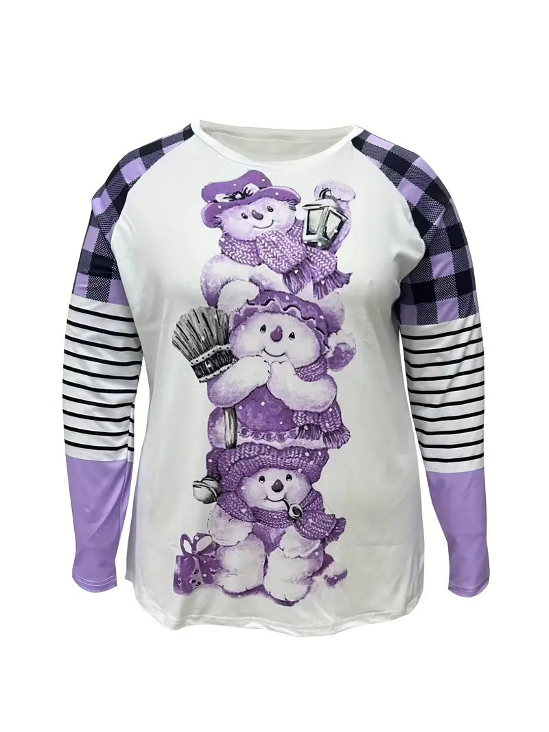 Ladies Plus Size 1 XL Women's Snowman Purple Print Crew Neck Long Sleeve T-Shirt