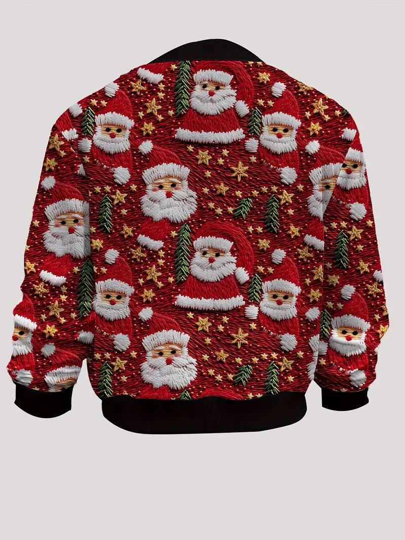 Christmas Santa Claus Print Casual Short Zip-Up Bomber Jacket