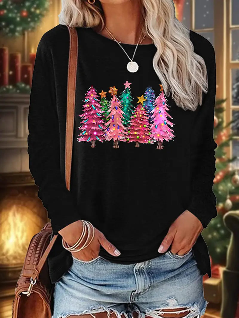 Ladies Black Size Large Cozy Long Sleeve Round Neck Graphic T-Shirt -Women's Casual Sports T-Shirts with Simple Christmas Print Soft Fabricand Relaxed Fit