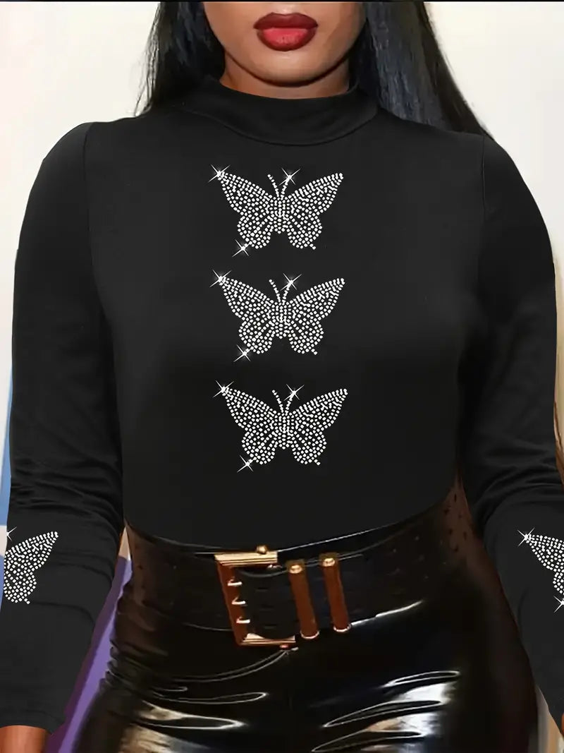 Ladies Rhinestone Butterfly Pattern T-Shirt, Casual Long Sleeve Top Size Medium