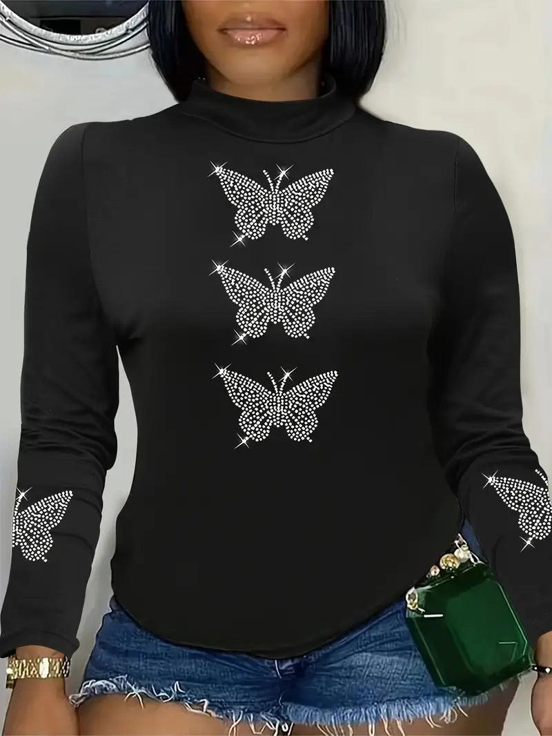 Ladies Rhinestone Butterfly Pattern T-Shirt, Casual Long Sleeve Top Size Medium