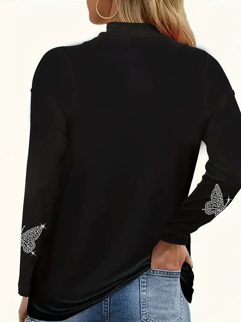 Ladies Rhinestone Butterfly Pattern T-Shirt, Casual Long Sleeve Top Size Medium