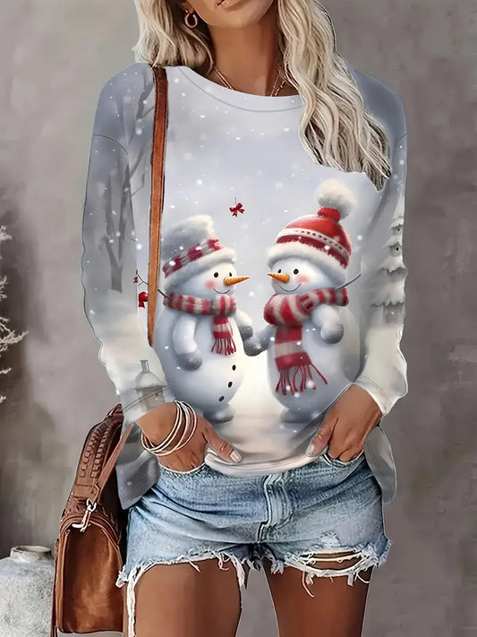 Ladies Plus Size 1 XL Women's Snowman Couple Print Crew Neck Long Sleeve T-Shirt