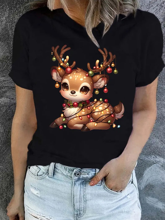 Black Ladies Festive Christmas Deer Short Sleeve T-Shirt - Size Large