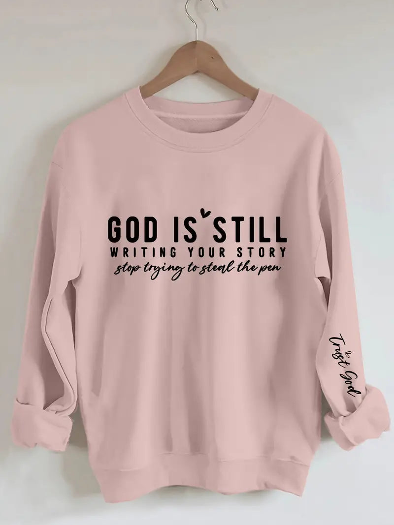 Faith Print Sweatshirt, Crew Neck Casual Sweatshirt Women's Clothing Size Large Light Pink