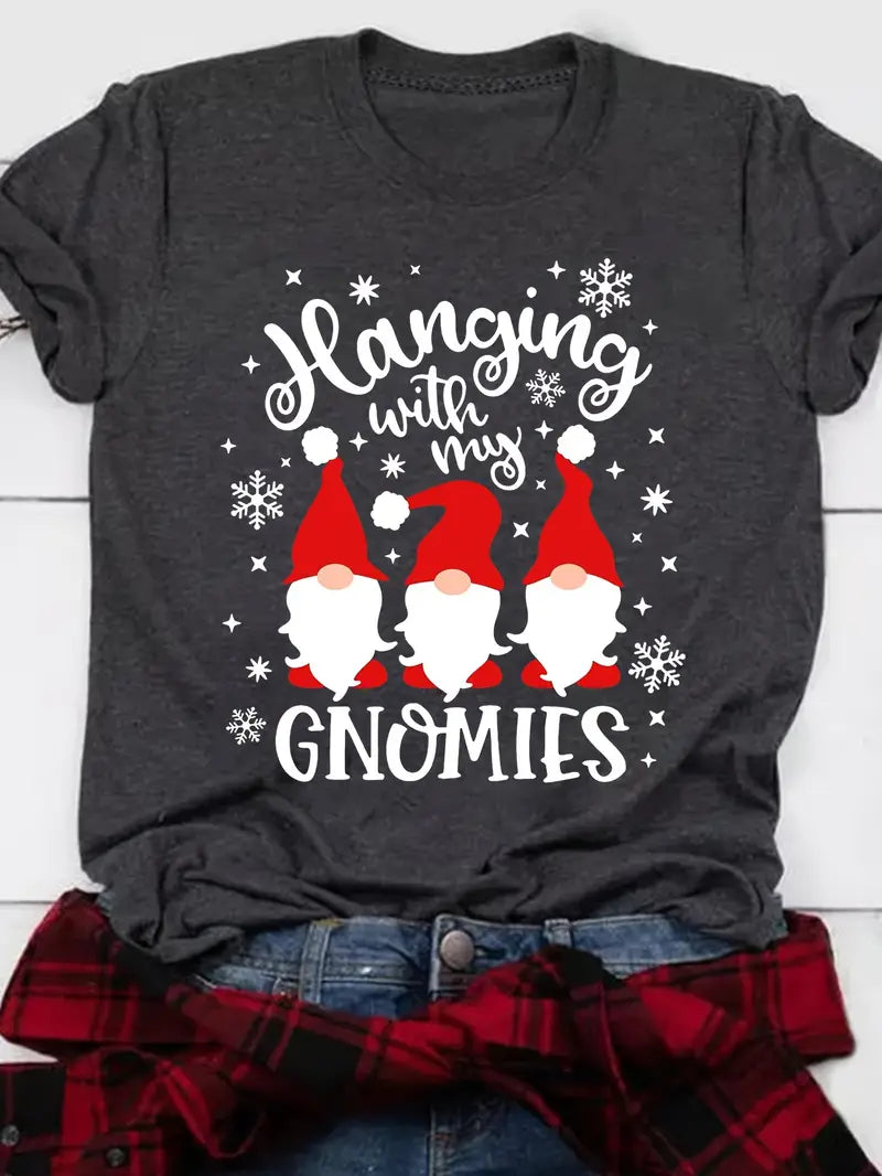 Ladies Christmas Vibrant Gnomes Crew Neck Tee - Women's Casual Short Sleeve T-Shirt Size XXL