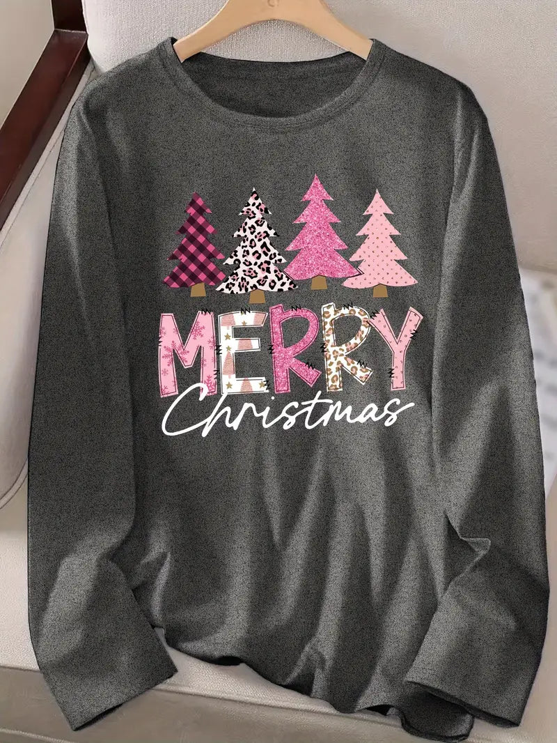 Ladies Grey Size Medium Cozy Long Sleeve Festive Holidays  T-Shirts Festive Holidays Print Soft Fabricand Relaxed Fit