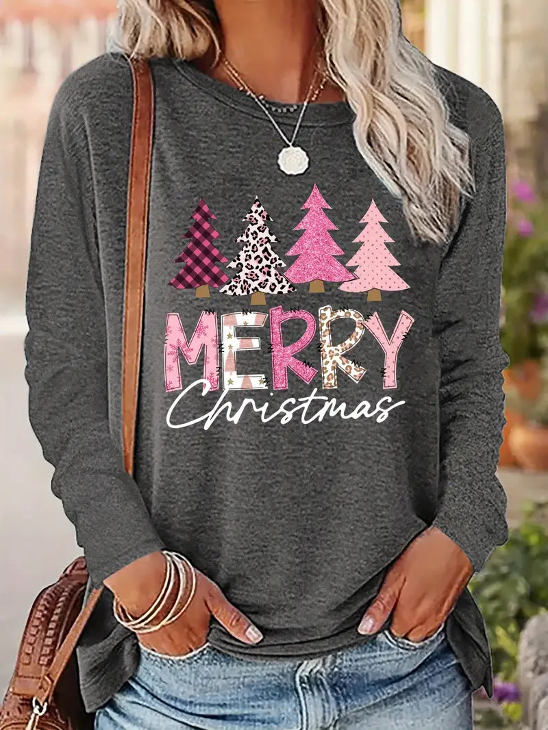 Ladies Grey Size Medium Cozy Long Sleeve Festive Holidays  T-Shirts Festive Holidays Print Soft Fabricand Relaxed Fit