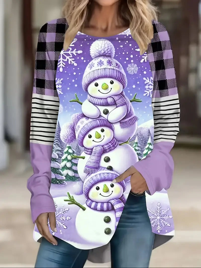 Ladies Plus Size 1 XL Women's 3 Cute Snowman Purple Print Crew Neck Long Sleeve T-Shirt