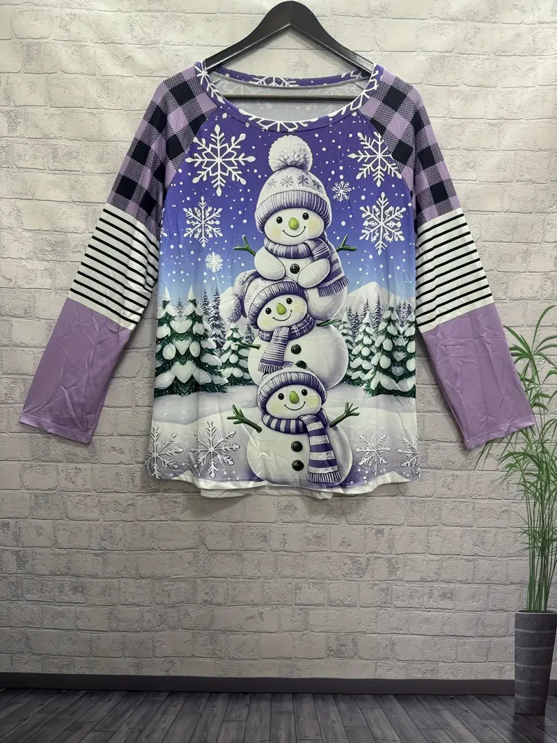 Ladies Plus Size 1 XL Women's 3 Cute Snowman Purple Print Crew Neck Long Sleeve T-Shirt