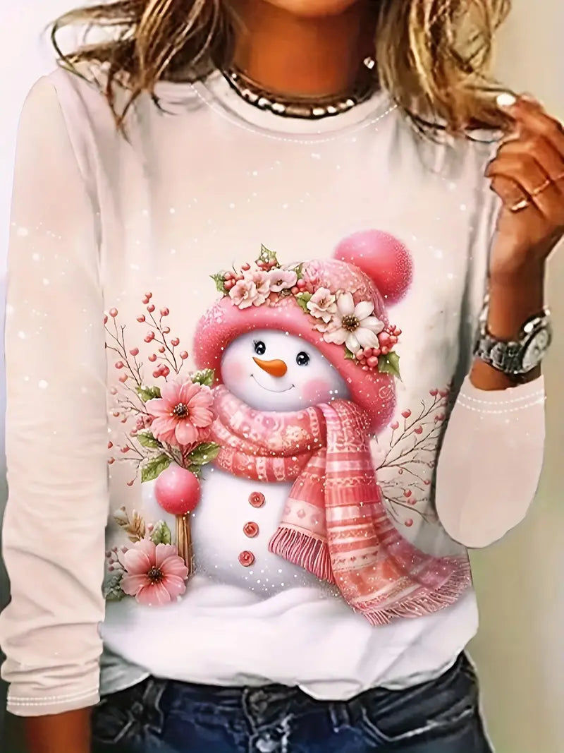 Long Sleeve Snowman Print Crew Neck T-Shirt for Women Size Xtra Large